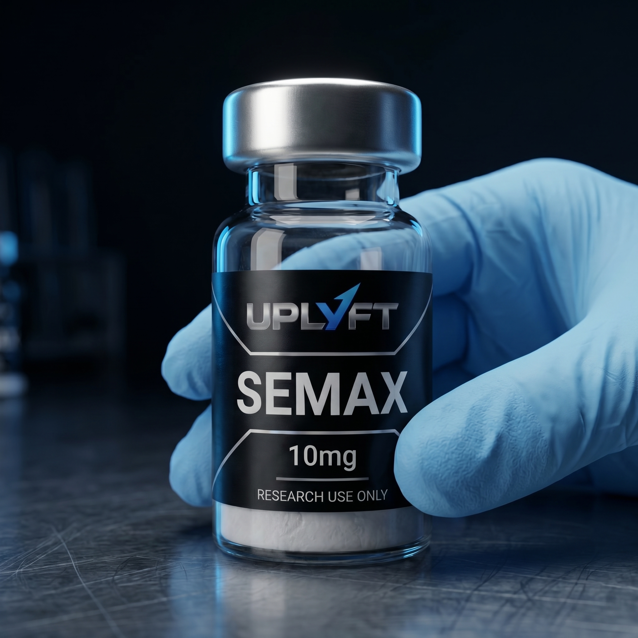 Gloved researcher holding UPLYFT Semax research vial on a brushed steel laboratory bench