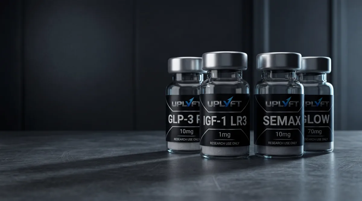 UPLYFT GLP-3, IGF-1 LR3, Semax, and Glow research peptide vials arranged on a dark brushed surface
